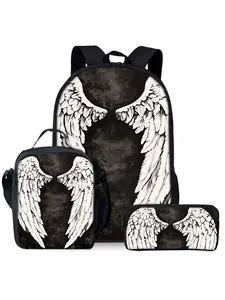 Angel's Wings Printed Backpack 3-Piece Set Lunch Bag Pen Bag Shoulder Bag