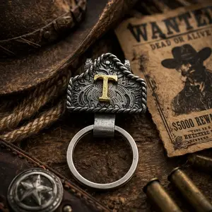 Handmade cowhide belt keychain with copper initials--custom western-style keychain for both men and women, Texas-style cowboy keychain, fashionable accessory suitable for bags, keys, and gifts