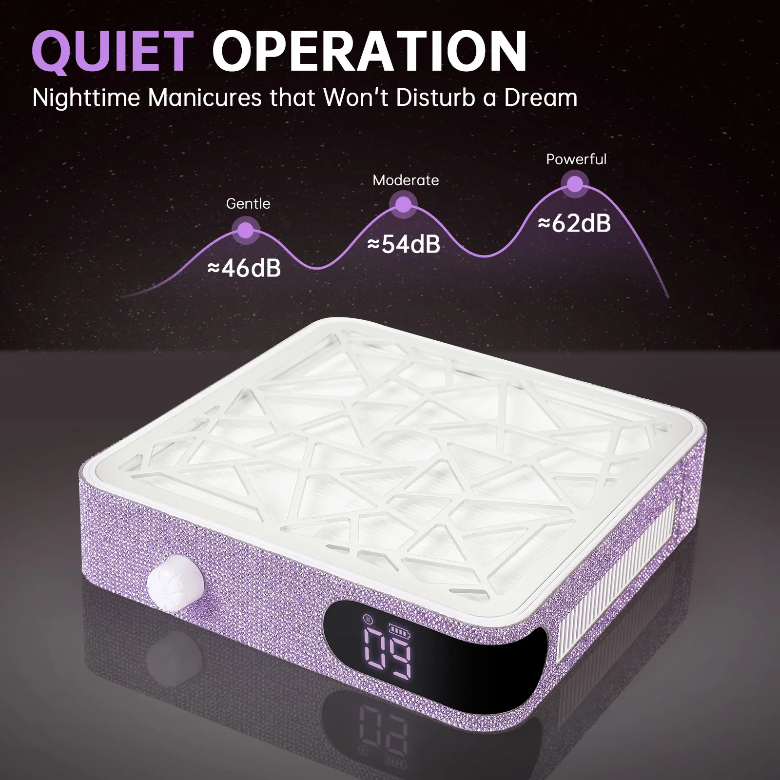 Professional Wireless Nail Dust Collector - 48W Powerful Electric Suction Nail Care Tool, Rechargeable Manicure Tool with Built-In Rechargeable Batteries, Reusable Filter for Salon Home Gel Polish Manicure Pedicure, Purple, Light Purple Diamond (Wireless/