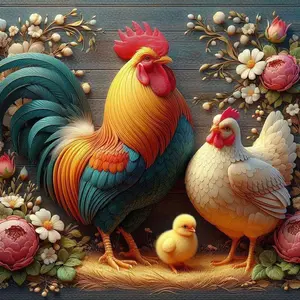 5D DIY Full Drill Round Diamond Painting - Diamond Art Painting Kit Rooster, Hen, Chick Mosaic, Canvas - DIY Decorative Painting, Home Wall Decor, Perfect for Halloween and Christmas, Independence Day, Birthday, and Anniversary Gifts