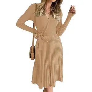 ZESICA Women's Fall Long Sleeve Wrap V Neck Ribbed Knit Pleated A Line Pullover Sweater Dress with Belt