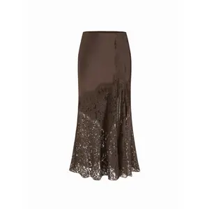 Cider Satin Mid Rise Lace Panel Mermaid Maxi Skirt