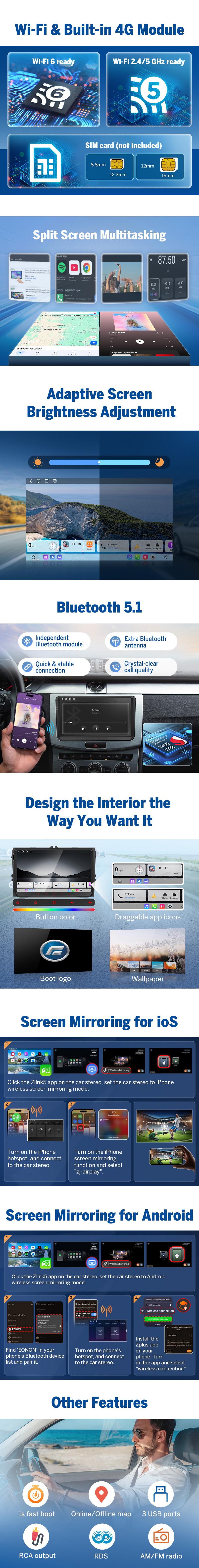 EONON Car Stereo for VW SEAT Skoda, Golf, Jetta, Polo, Passat, Scirocco, Tiguan, T5, Touran, Sharan, EOS, Fabia, Praktik, Wireless CarPlay & Android Auto Car Radio Touch Screen, 10.1" Android 14 Car head unit, AM/FM, SWC, BT - VWX7A / VWX6S