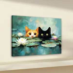 1pc Wooden Framed, Monet Inspired Artistic Animal Design Cat Art Print Poster, Whimsical Water Lilies Cat Wall Art Canvas Painting, Orange Cat and Black Cat Art Poster Print Wall Pictures, Ideal For Bathroom, Bedroom, Office, Living Room, Home Decoration