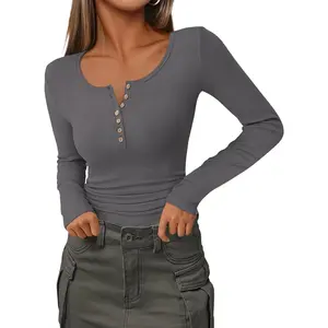 Womens Long Sleeve Henley T Shirts Button Ribbed Knit Slim Fitted Tee Tops Basic Casual Work Blouse