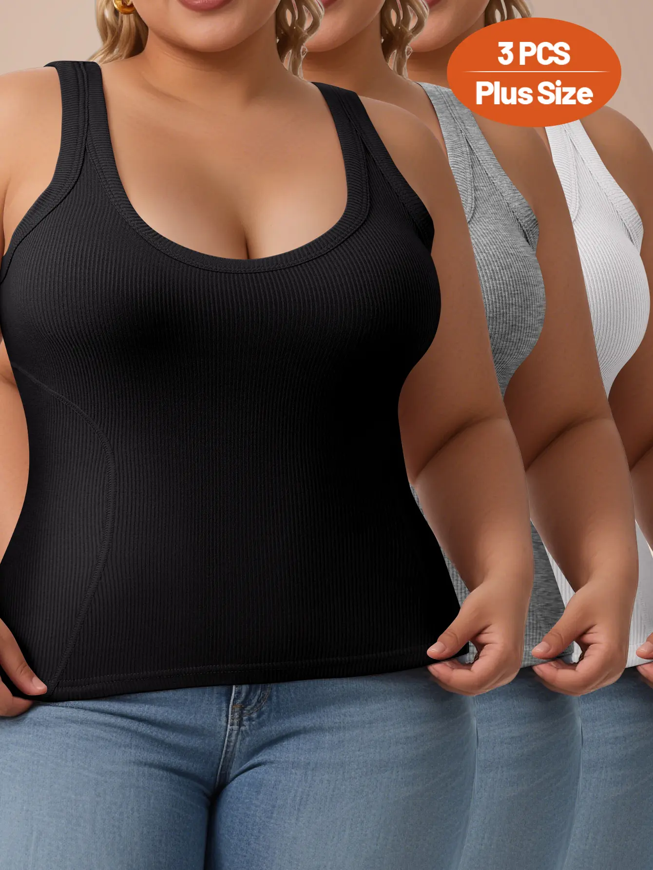 【Plus Size】QUASTI 3-Pieces Solid Color Slim Fit Sleeveless Tank Top for Women, Soft and Breathable, Beautiful Back, Wide Shoulder Straps, U-Neck, Slim Fit, Sizes 1XL-5XL