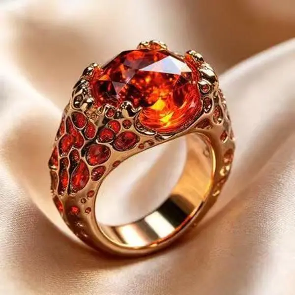 Vintage Orange Red Fire Gemstone Statement Ring 18K Gold Plated Chunky Snake Scale Textured Band Large Oval Citrine Rhinestone Cocktail Ring Luxury Gothic Jewelry Gift For Women Party Evening