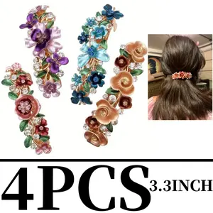 4 Colorful Vintage Decorative Flower Design Metal Gold Tone French Barrettes Hair Clasps Accessories Women Girls headband outdoor exercise clothing