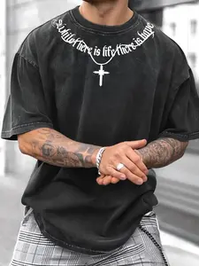 Men's Casual Sporty Short Sleeve Shirt, Gothic Letter Necklace & Cross Print, Comfortable Round Neck Tee for Outdoor Gym Shopping Gym T Shirts