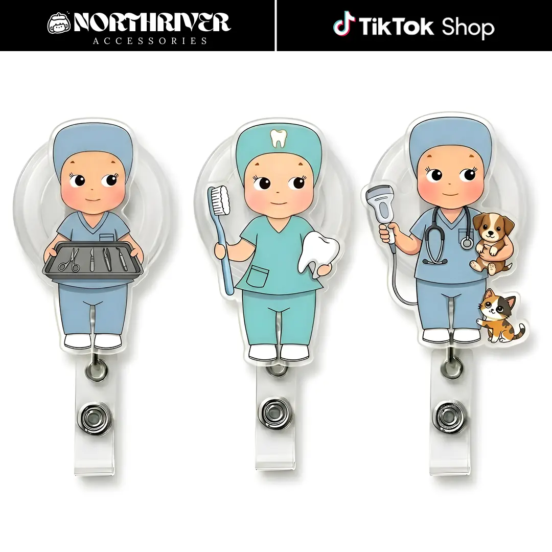 Cute Nurse Blue Scrubs Badge Reel Retractable Set Kawaii Dental Surgical Vetmed Acrylic ID Card Holder For Veterinarian Dental Hygienists Gift