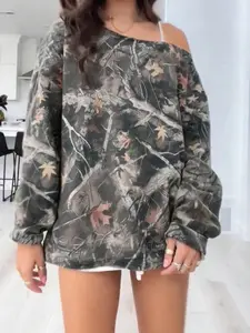 Women's Casual Loose-Fit Camo Print Long Sleeve Knit Pullover Top, Thick Fabric Drop Shoulder Design for All Seasons Daily Wear & Vacation