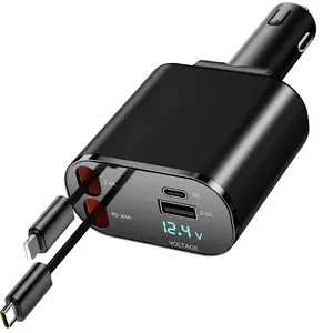 4 in 1 Retractable Car Charger, USB C Fast Charging Adapter with Lightning Cable Compatible with iPhone 16/15/14/13 Pro Max Plus, Samsung S23/S22/S10