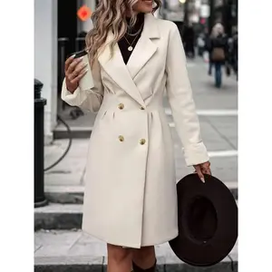 Women's Winter Woolen Coat, Casual Lapel Design, Simple Solid Color, Dual Button Mid-Length Overcoat, Fashionable Outerwear