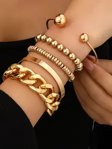 5-In-1 Vintage Punk Style Bracelet Set, Lightweight Ccb Beaded, Chain Bangle, Elastic Disc, Perfect for Women's Events & Gifts