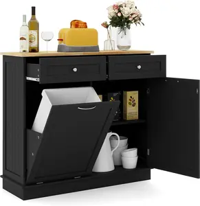 Costway-Tilt Out Trash Cabinet 15.5 Gallon, Wooden Laundry Room Cabinet, 2 Drawers, Storage Cabinet, Kitchen Island with Garbage Can Holder