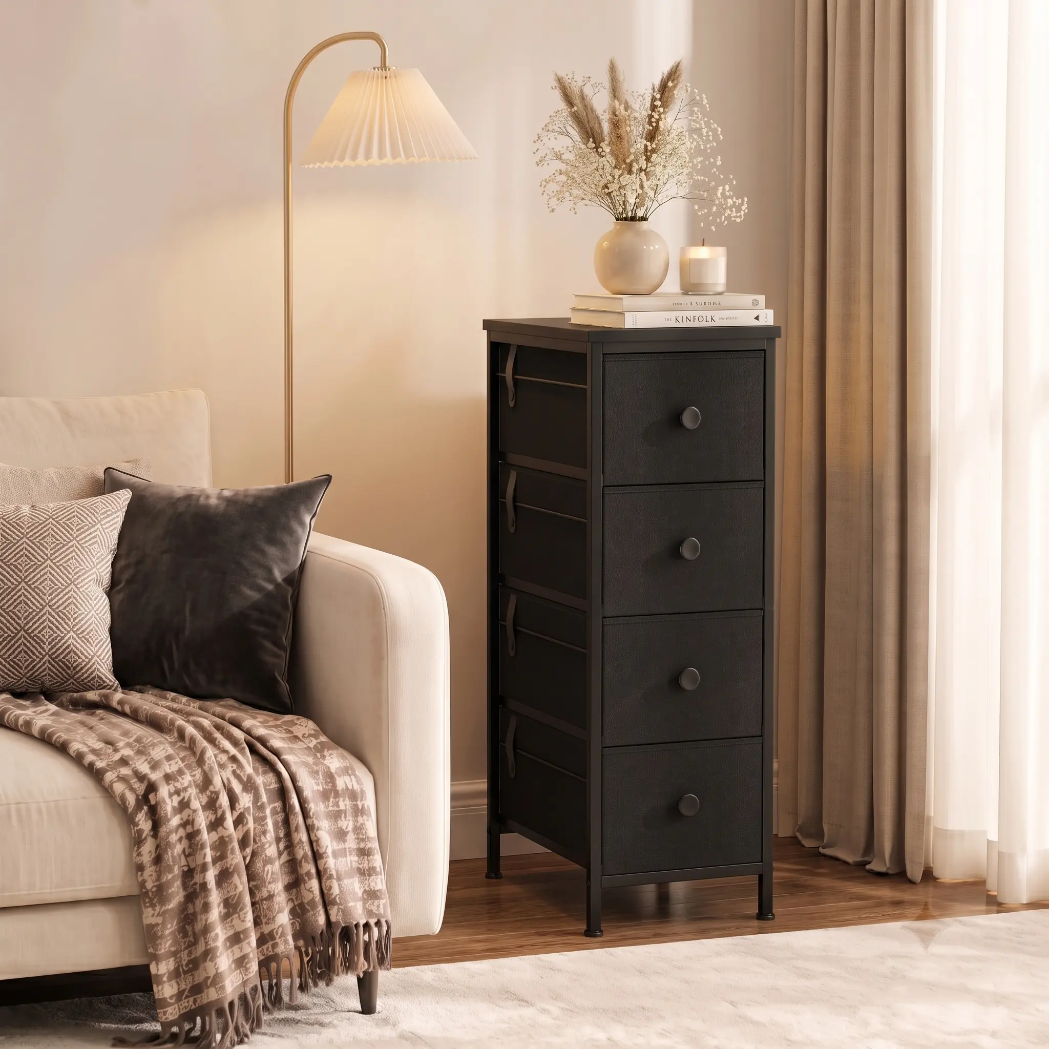 4-Tier Tall Skinny Storage Tower Black  Metal Frame Fabric Chest of Drawers Dresser with Removable Drawers & Metal Knobs, Anti-Tip Wide Base, Modern Cabinet Organizer for Bedroom Decor, Kitchen Pantry, Closet, Small Apartment Home