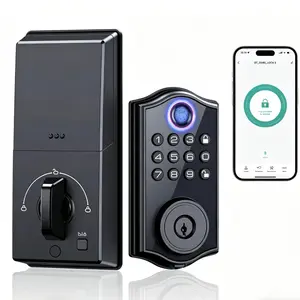 4-in-1 Smart Deadbolt Lock - Fingerprint, Keypad, APP & Manual Key Access, Matte Black Finish,biometric smart lock,keyless thumbprint entry door lock,bluetooth deadbolt