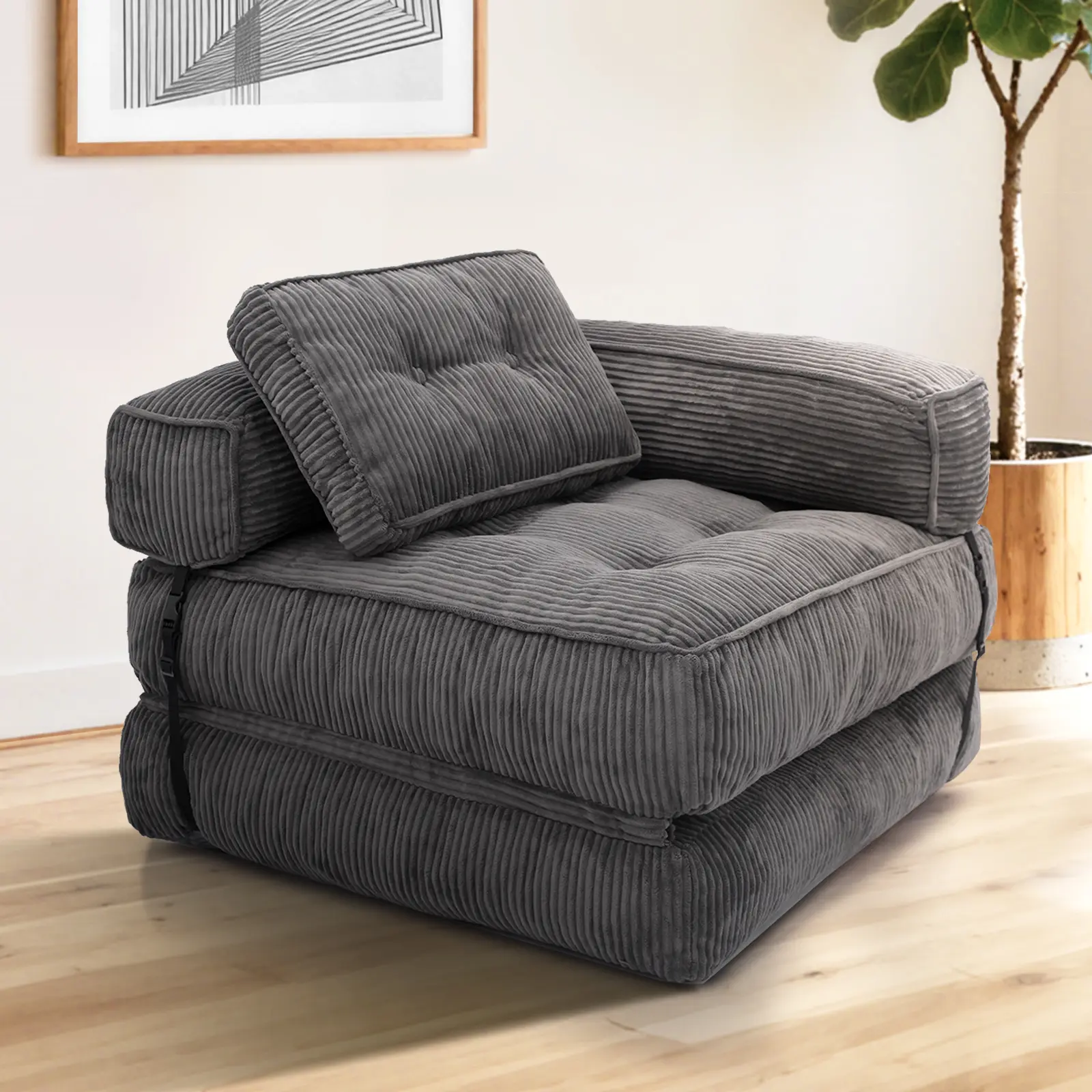 Folding Sofa Bed, L-Shaped Convertible Sofa Bed with Armrest Foldable Sleeper Sofa with Pillow, Portable Fold Out Chair Bed Comfy Floor Lounge for Living Room Bedroom, Dark Grey