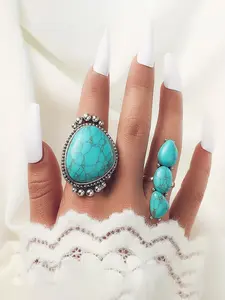 Vintage Bohemian Style Large Turquoise Water Drop Ring Set, 2 Piece Jewelry Collection, Unique Design for Women & Girls