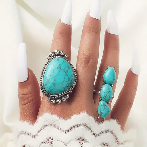 Vintage Bohemian Style Large Turquoise Water Drop Ring Set, 2 Piece Jewelry Collection, Unique Aesthetic Design for Women & Girls