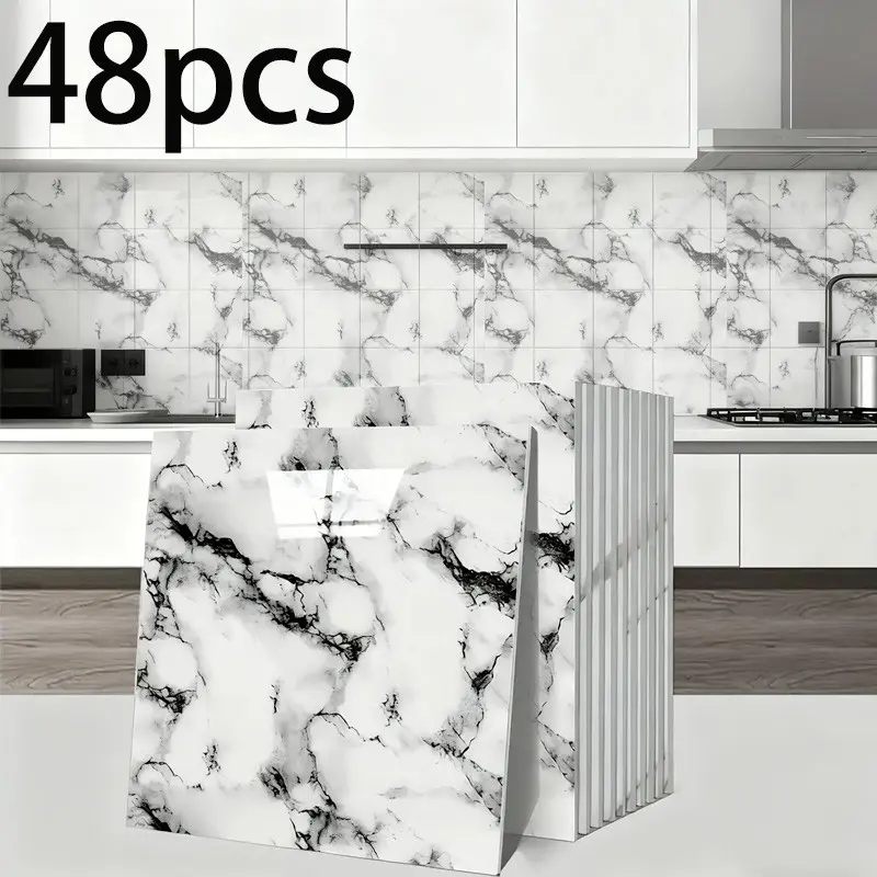 48pcs Luxurious Marble Pattern Wallpaper Panels, Large Peel-And-Stick Vinyl Wallpapers, Decorative Wallpaper, Removable High-Gloss Finish, Easy Installation, Interior Walls, Home Decor