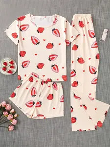 Summer 3 Piece Cute Strawberry & Heart All Over Print Pajama Set Women Short Sleeve Top & Light Pink Shorts & Long Pants Soft Lightweight Loungewear Casual Home Sleepwear