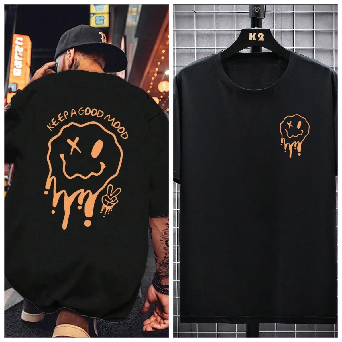 Men's Black KEEP A GOOD MOOD Smiley Graphic Cotton T-Shirt, Oversized Gym Shirts, Compression Shirt Style, Women Workout Tops, Unisex Crew Neck Short Sleeve, Breathable Streetwear, Summer Fall Daily Wear, Halloween Spooky Trendy Top Casual Fabric
