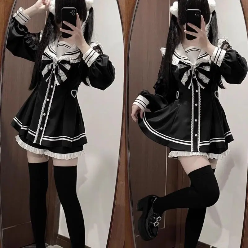 Women's Jirai Kei Sailor Black Lace Patchwork Slim-Fit Dress with Inner Shorts Set, JK School Uniform Costumes, Women's Clothes for DIY Specialty Supplies