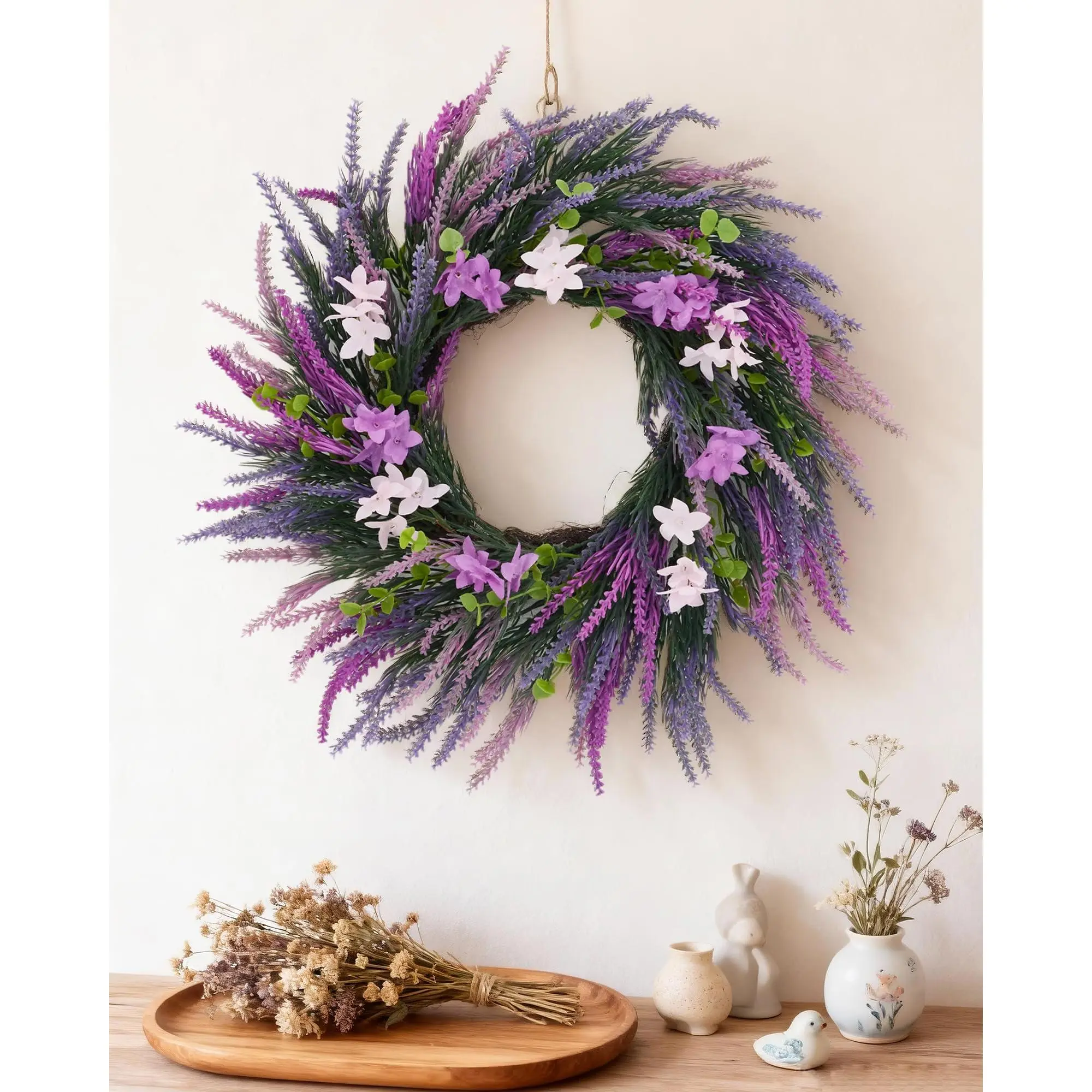 20 Inch Artificial Purple Lavender Wreath, Wildflower Floral Wreath for Front Door, Spring Decor, Porch, Home Accent, Festival Wedding Decor