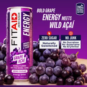 FITAID Energy Zero Sugar Energy Drink, Grape Açaí, 200mg Natural Caffeine from Green Tea, 14 Vitamins & Supplements, Electrolytes, Sport Beverage, No Sucralose