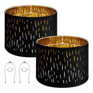 Drum Lamp Shade 2 Set, 13 in Topx 13 in Bottomx 10 in High, Medium Drum Lampshade with Harp, Replacement Lamp Shade for Table Lamps Floor Lamps Pendant Lights, Black Hollow-carved Design