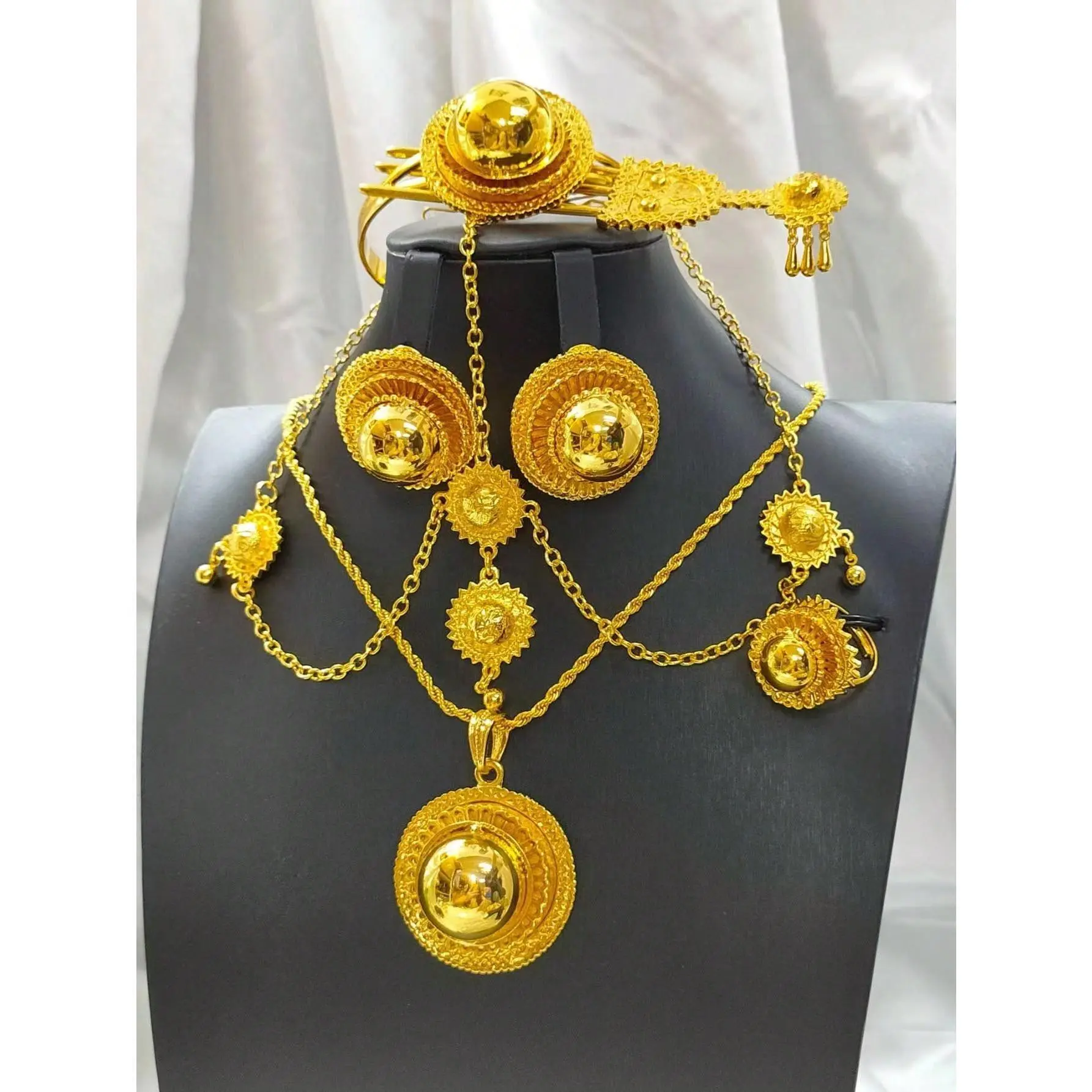 Ethiopian Jewelry sets Pendant/Necklace/Earrings/Ring/Bangles/Hairchain for Women Gold Color African Bride Gifts