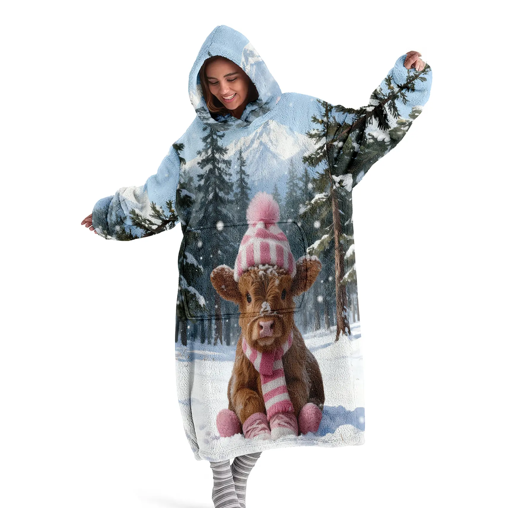 hoodie blanket，Wearable Blanket，Women's Hooded Blanket Sweatshirt, Wearable Blanket Robe, Fashion Sleepwear, Highland Cow Print Thick Home Clothes, Christmas Gift，Christmas Gift,Valentine's Day gift, Soft Winter Blanket