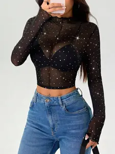 Women's Sparkling Rhinestone Long Sleeve Transparent Sheer Shirt Blouse, Round Neck Sequin Top, See-Through Navel, Stylish Casual Wear
