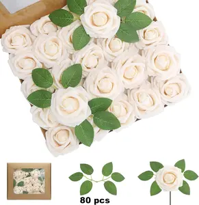 50Pcs Artificial Foam Rose Flowers Faux Bouquet with Stems And 80 Leaves for DIY Wedding Bouquets Centerpieces Valentine Bridal Shower Home Decorations