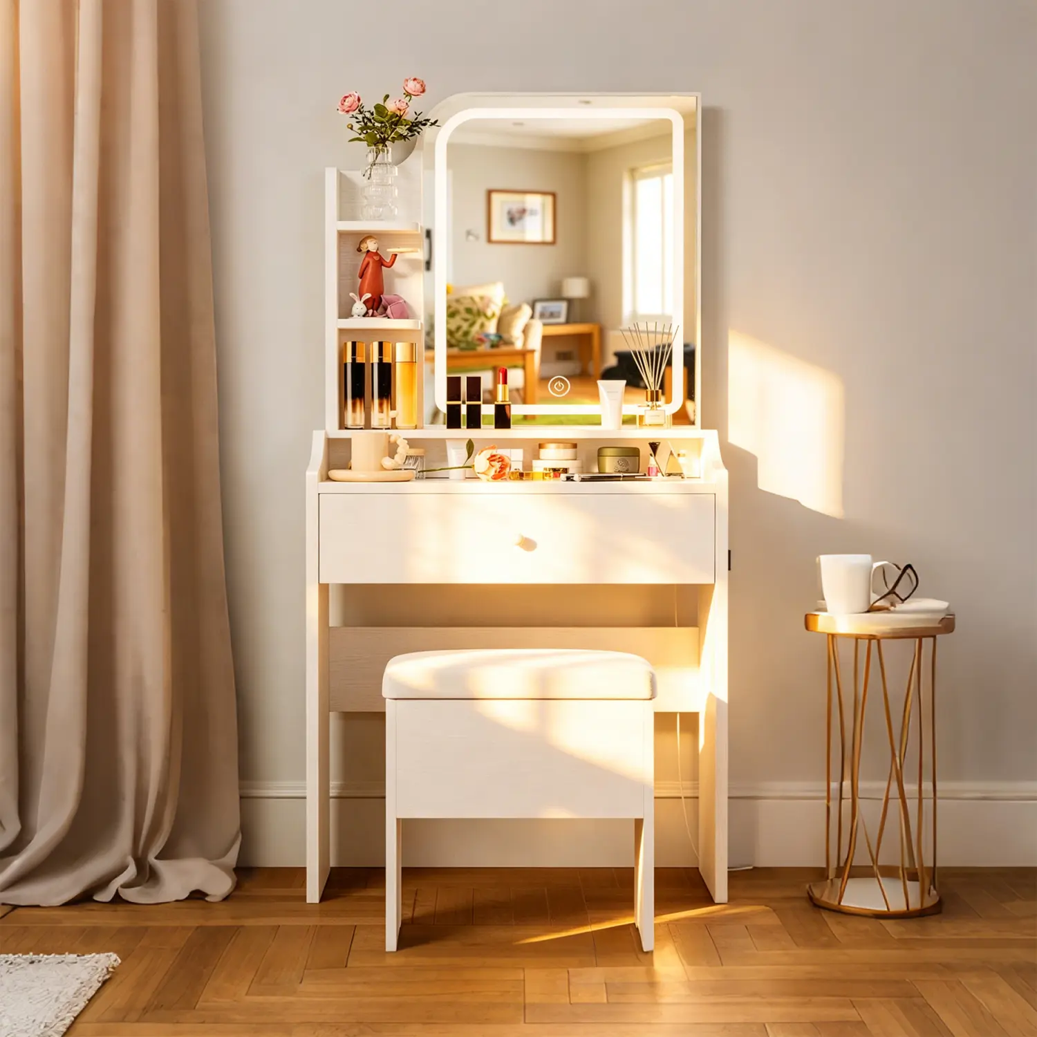 Compact white vanity set with smart LED mirror, storage makeup table, and adjustable lighting, suitable for bedrooms, living rooms, and dorms - elegant design, easy to assemble, and includes a charging station