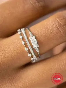 3 Pc/Set Shining Exquisite Stone Inlaid Zircon Ring Fashion Jewelry Ring Stacking Ring Set Suitable for Women Wedding Engagement Commitment Party Daily Clothing Decoration Accessories as Birthday Valentine's Day Gift for Girlfriend Anniversary Gifts