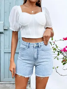 Women's High Waist Vintage Denim Shorts - Summer Casual, Back to School Outfit, Downtown Girl Style, Suitable for Women's Bottoms Basic Blue Button Slim Simple Loose Cotton Baggy Jeans Leather Womenswear Fitted Streetwear Minimalist