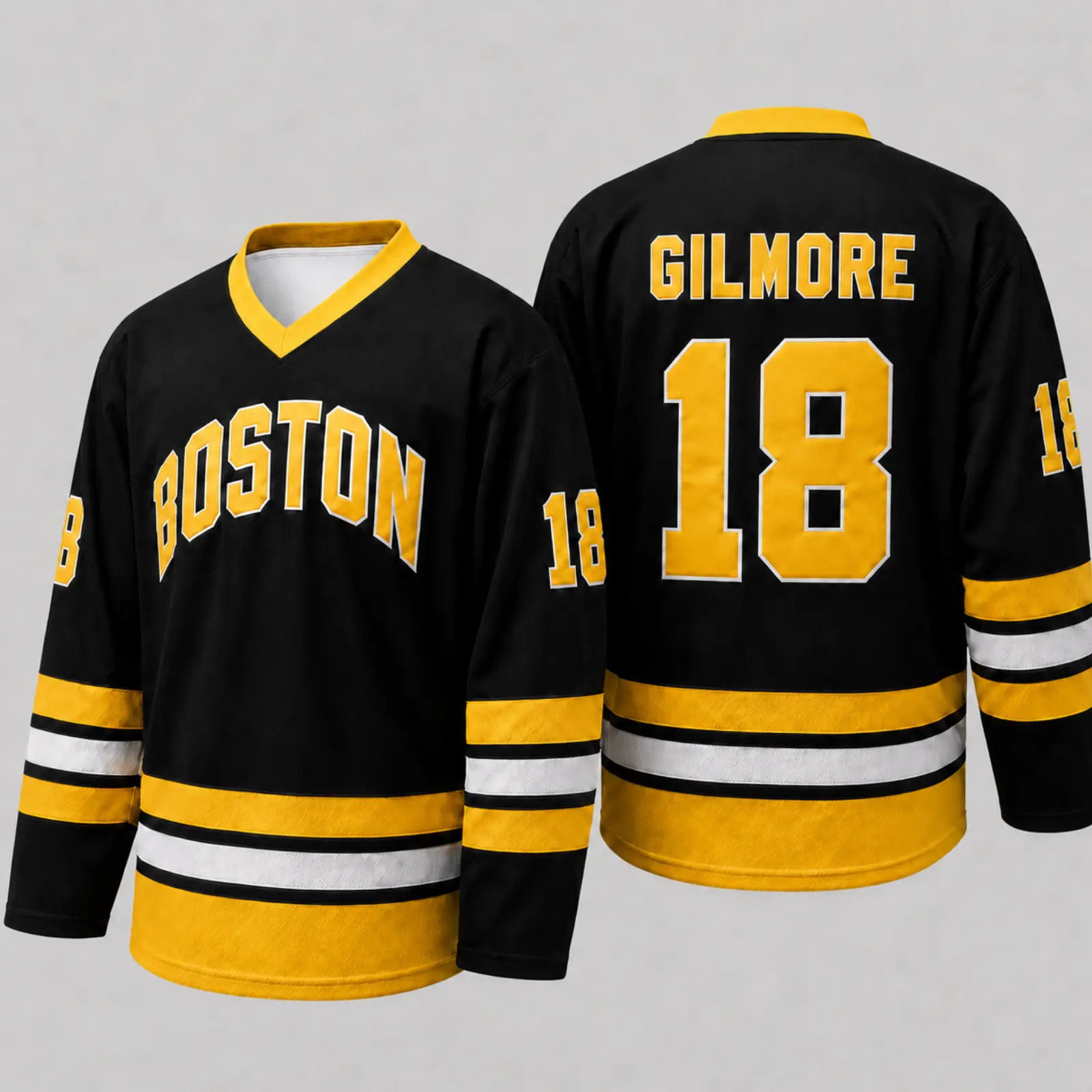 Happy Gilmore #18 #Boston Hockey Jersey, Adam Sandler Inspired Black & Gold Ice Hockey Shirt,Stitched Boston Hockey Jersey with Gilmore 18 Back Name & Number, Funny Hockey Fan Gift, Sports Fan Apparel, Unisex Game Day Top, Hockey Lover Gift for Men &Women