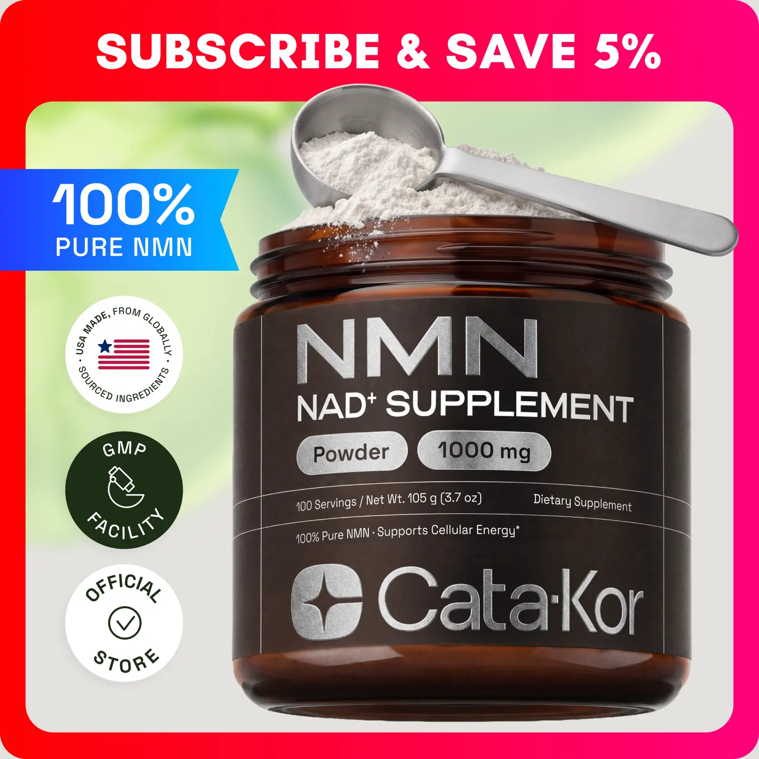 Cata-Kor NMN Supplement Powder 1000 mg - Pure NMN Powder 100 Servings 105g | NAD Supplement Alternative - High Purity NMN Powder 1000 mg per scoop & 100 servings, Third-party tested, Made in the USA