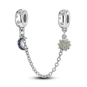 MULA 925 Silver-plated star and moon safety chain | Shining zircon | Sky-themed design | Compatible with Pandora bracelets and necklaces |  An ideal gift for romantic star lovers