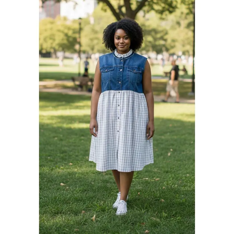 3X - Upcycled Denim Dress – Gold & White Check Skirt with Ruffle Collar