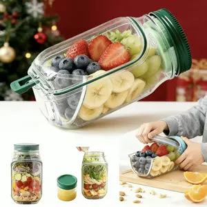 Oillase 1 Pack Side-Opening Salad Jars - Leak-Proof Portable Salad Containers, Plastic Material with Sauce Cups and Lids, Innovative Design, Jars Can Be Served as Bowls, Ideal for Office, Gym, Travel and Picnic, Green and Orange Color