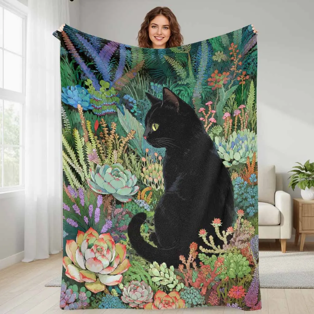 Black Cat Succulent Garden Flannel Blanket Botanical Feline Print Soft Warm Cozy Lightweight Plush Throw for Sofa Bed Living Room Reading Nook Pet Lover Gift