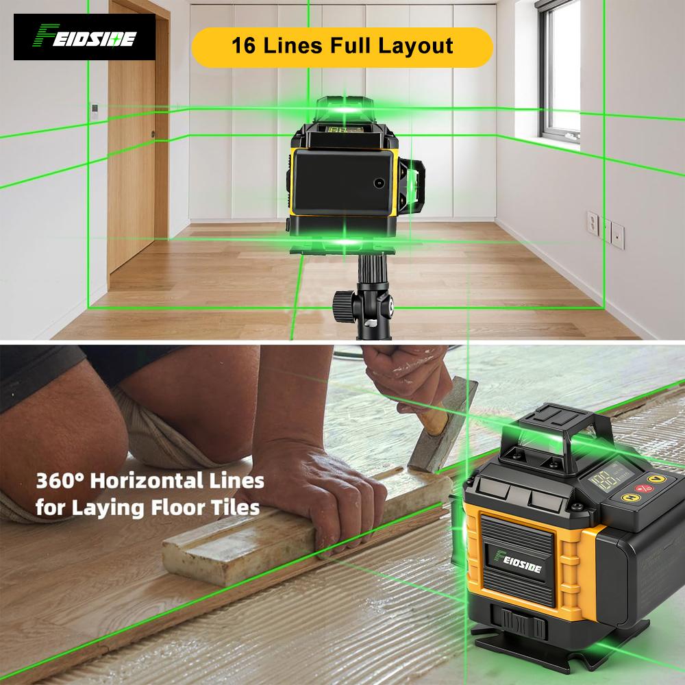 Pro-Grade 16-Line 4D Green Cross-Line Laser Level, Self-Leveling with Strong Magnetic Base,Includes 2x3000mAh Rechargeable Batteries & 39" Adjustable Tripod, for PrecisionIndoor/Outdoor Construction, Tiling, Framing, and Professional Renovation
