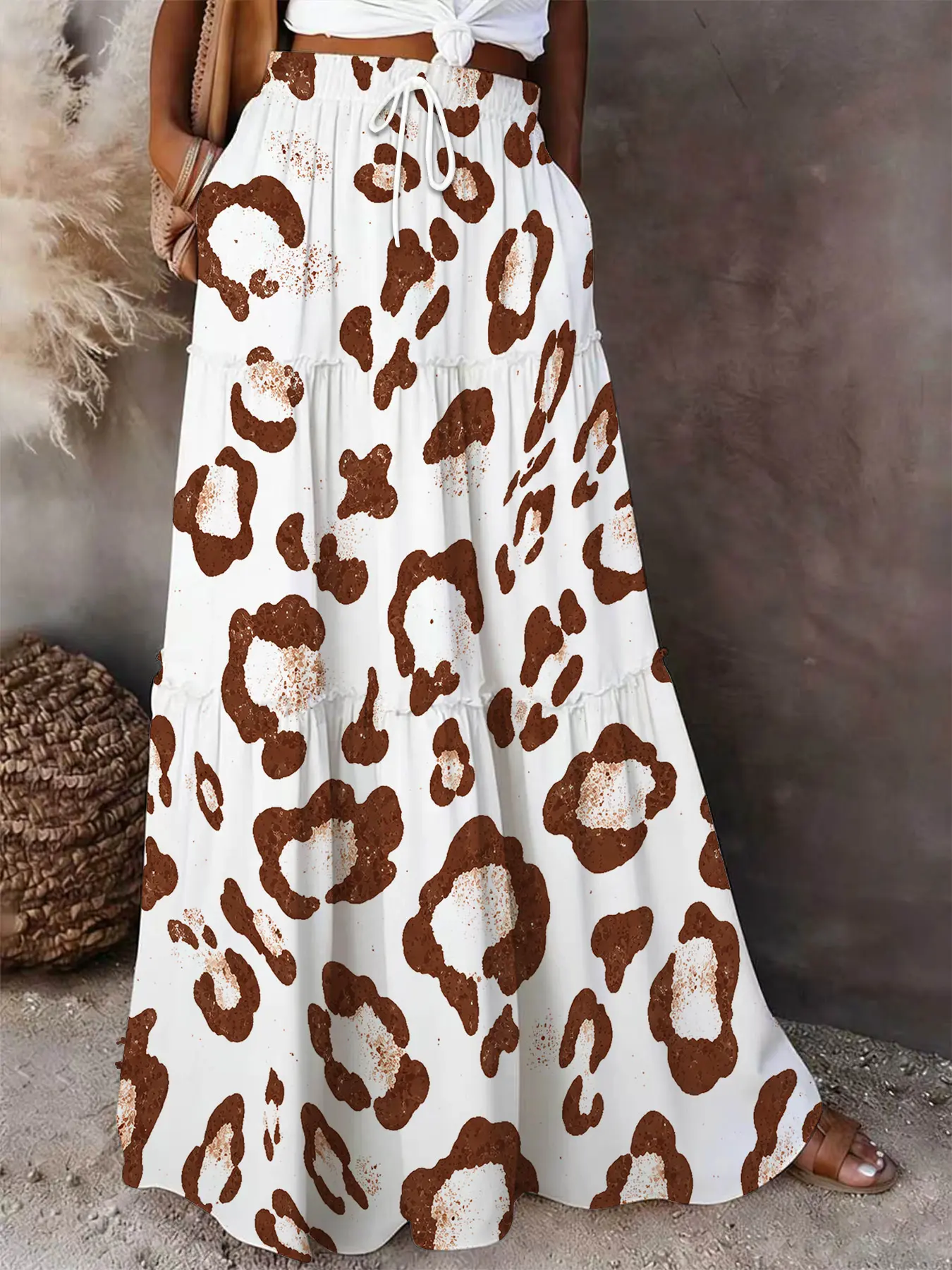 Brown Leopard Print Maxi Skirt | Y2K Boho Tiered Skirt with Pockets Womenswear Boho Skirts