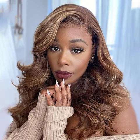 ZIHAN Women's 22.5in Honey Blonde Heat Resistant Synthetic Lace Front Wig - 13x5x1 Side Part, Pre-Plucked Glueless Wig, Body Wave, Highlight Ombre, Blowout Bangs, Natural Hairline, Bombshell Style, Affordable for Adult Beginners
