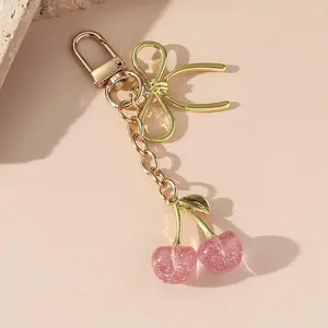 Women Cherry Heart Keychain Glossy Fruit Charm Fashion Bag Pendant Key Ring Gift for Female