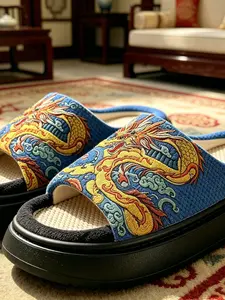 New Traditional Cloud Dragon Pattern Home Slippers, Waffle Hemp Texture, Soft Elastic Thick Sole, Unisex National Style Casual Sandals