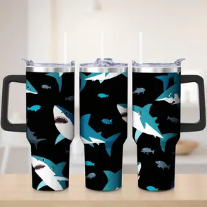 Double Wall Insulated Tumbler Black Shark Pattern Print With Handle Outdoor Camping Hiking Travel Use